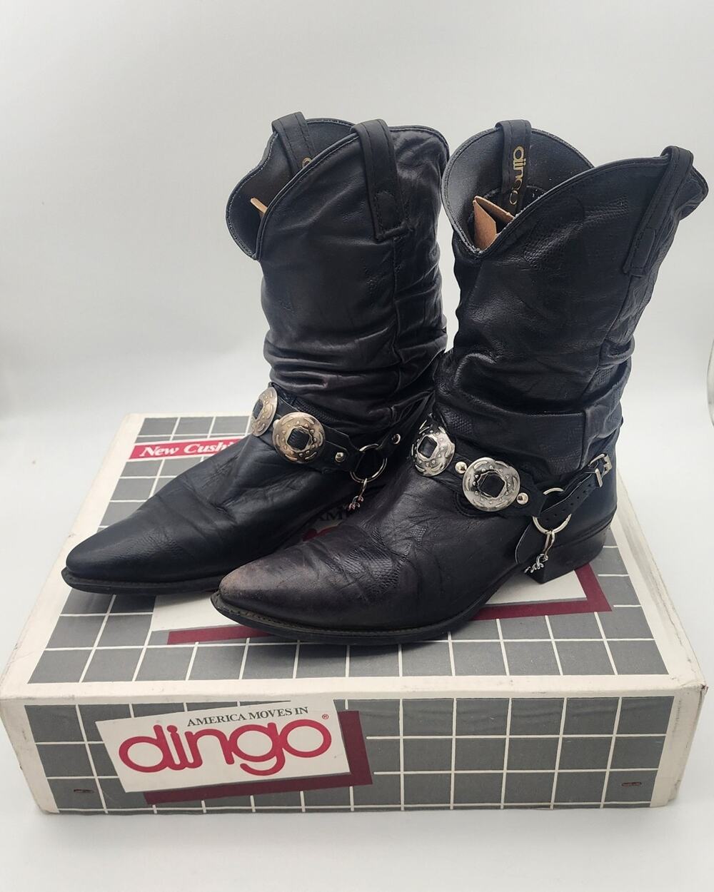Vtg Dingo 7220 Black Leather Slouch Western Cowboy Harness Boots Men’s 10 D